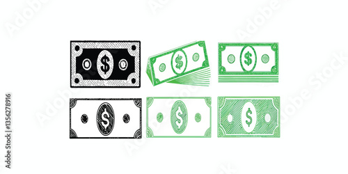 Print  Cash money dollar notes vector icon set isolated on white background  . salary banknote stack symbol in black and green colors