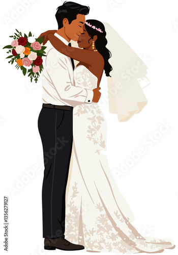 Vector illustration of a bride and groom embracing with the bride wearing white wedding dress and holding a bouquet, while the groom is dressed in shirt and black pants