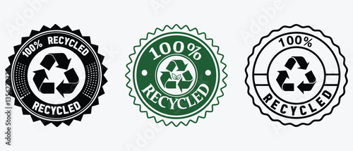 100% recycled label icon Set,Premium 100 Recycled label vector,organic bio package, logo, stamp, tag, emblem