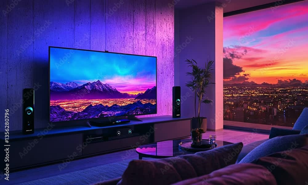 Living room setup with large tv showing mountain landscape and city view sunset