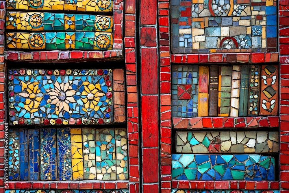 Fototapeta premium Colorful mosaic shelves, art, books, wall decoration