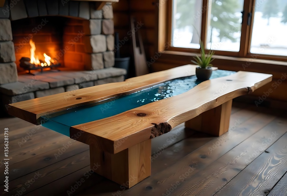 A wooden table with a river of resin in the middle, fireplace in the background, wooden floor , wooden stool , stone wall A wooden table with a river of resin in the middle, fireplace in the background, wooden floor , wooden stool , stone wall
