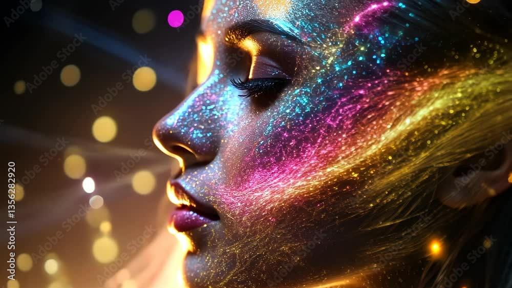 Portrait of a model with vibrant body paint and glowing sparkles in a creative artistic display at night Portrait of a model with vibrant body paint and glowing sparkles in a creative artistic display at night
