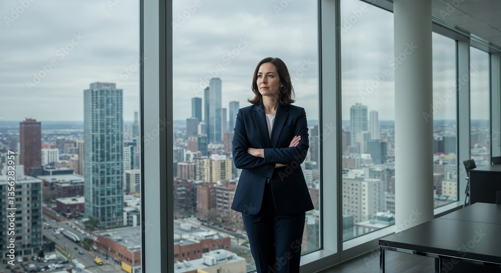 Businesswoman standing confidently by a city skyline window Businesswoman standing confidently by a city skyline window