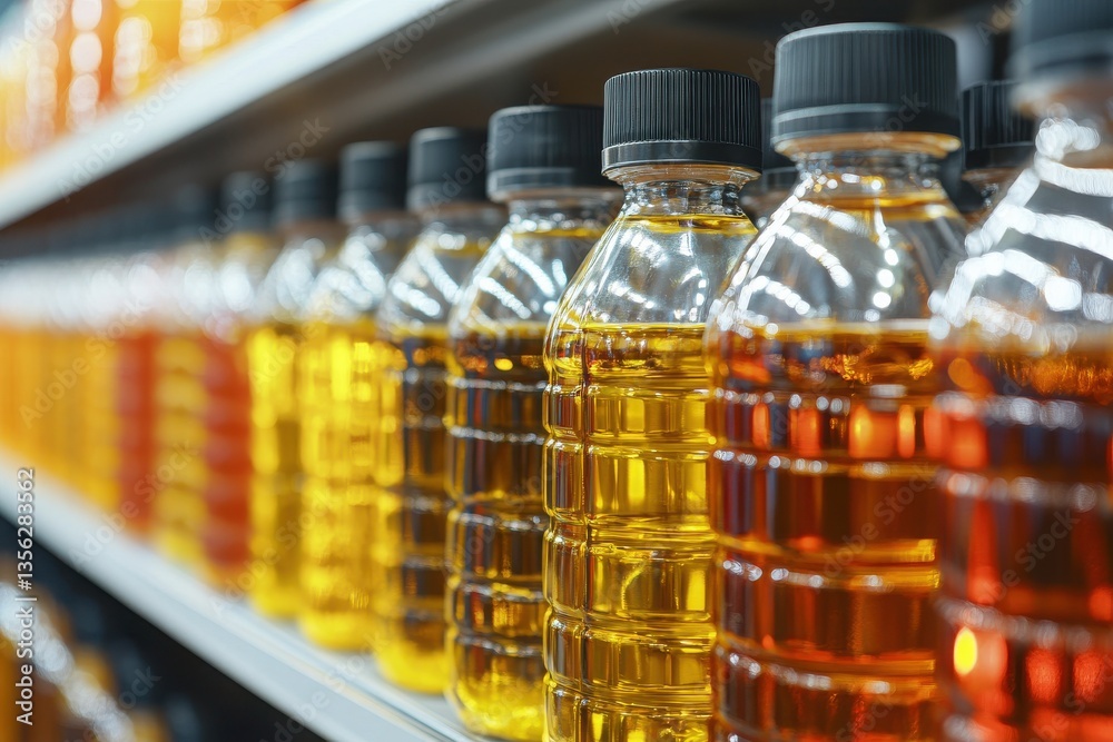 Bottles of oil on counter in shop Pattern of vegetable oil bottles at factory warehouse store or supermarket Bottles of oil on counter in shop Pattern of vegetable oil bottles at factory warehouse store or supermarket