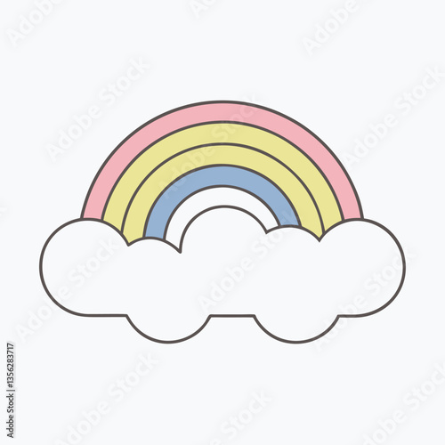 A vibrant rainbow vector icon pierces the blue cloudy sky, a colorful symbol of summer rain