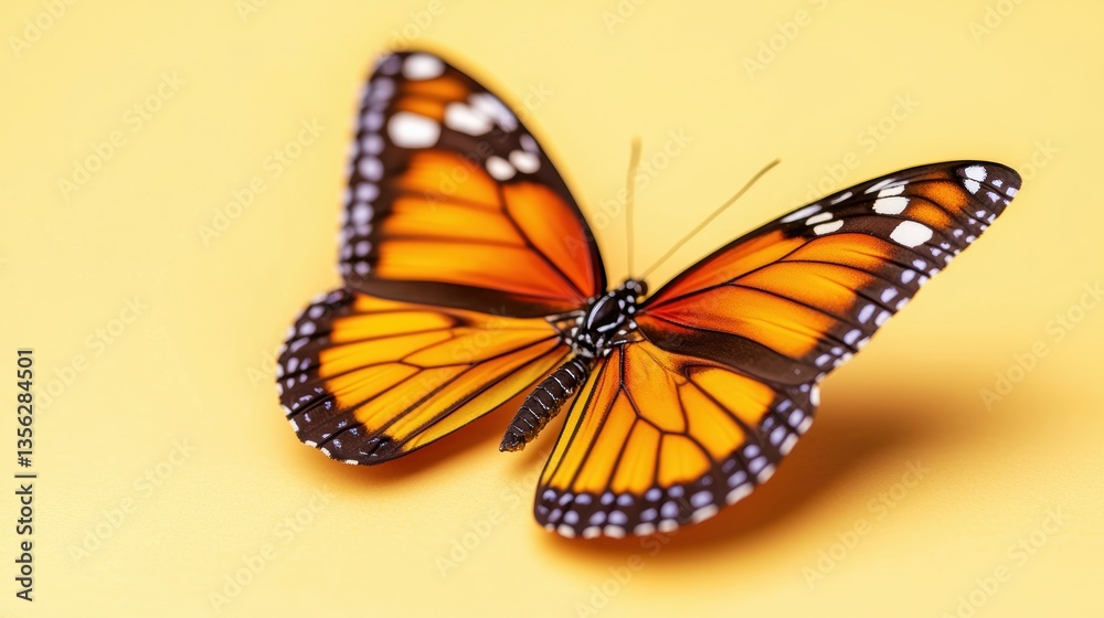 Fototapeta premium A vibrant orange butterfly rests gracefully on a yellow background, showcasing its intricate patterns and delicate wings.
