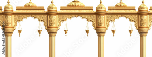 A golden arch with hanging flags and ornate pillars.