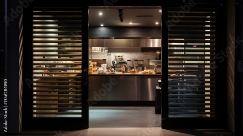 Night View of Modern Restaurant Kitchen Through Sliding Doors