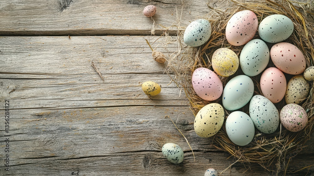 Obraz premium Colorful Easter eggs in a rustic nest on wooden table, spring celebration, festive decor, family traditions, Easter holiday, vibrant pastel colors, seasonal joy.