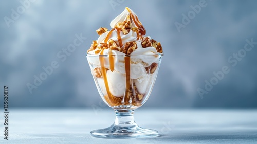 A delicious ice cream sundae topped with caramel sauce, nuts, and whipped cream served in a clear glass dish.