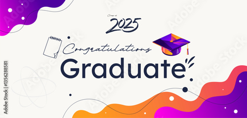 2025 graduation congratulation banner with modern typography and colorful fluid shapes. Vector design with graduation cap, suitable for banners, cards, and event