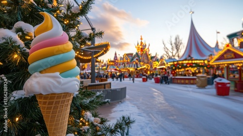 A colorful ice cream cone stands in the foreground, with a festive market and brightly lit attractions in a winter setting.