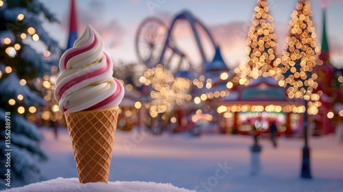 A festive ice cream cone sits in a winter wonderland, surrounded by twinkling lights and amusement park attractions in the background.