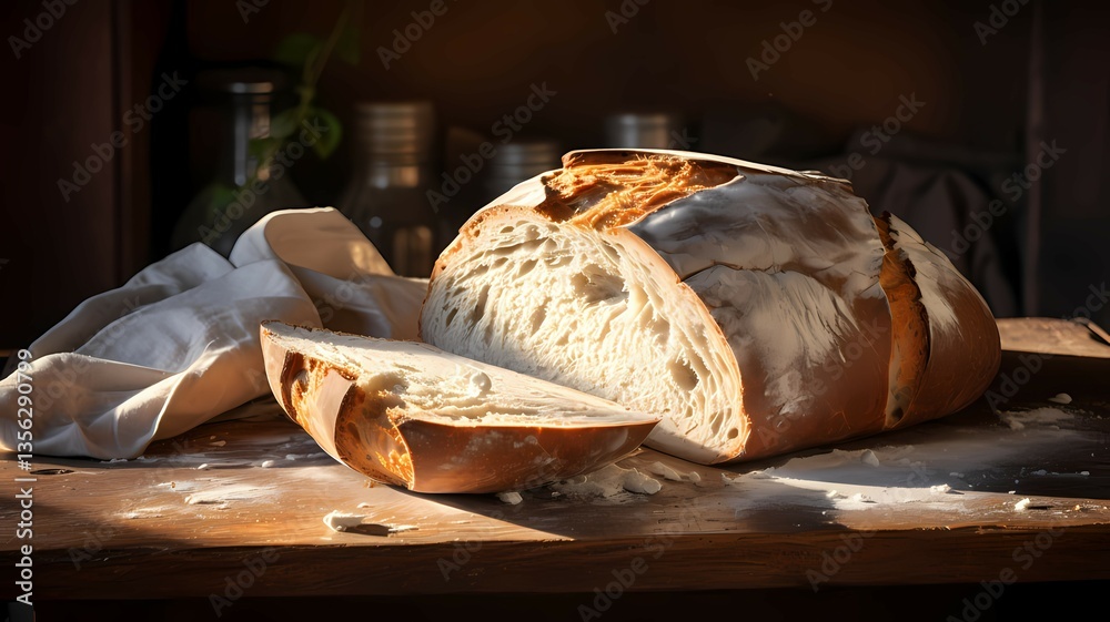 Sliced Loaf on Wooden Table with Cloth and Flour Dust Sliced Loaf on Wooden Table with Cloth and Flour Dust