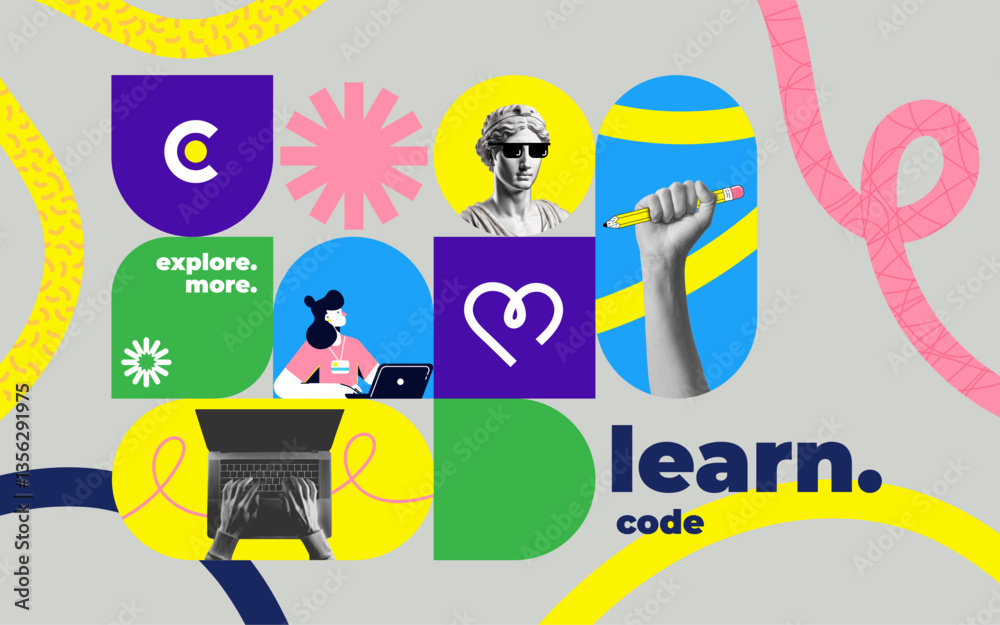Contemporary art collage. Modern collage concept of web design and development. Creative concept for web banner, social media banner, business presentation, marketing material. vector illustration