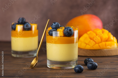 Italian panna cotta dessert of mango, coconut cream, agar agar and blueberries in glasses on a wooden table. Vegan dessert. Sugar, lactose and sugar substitutes free.