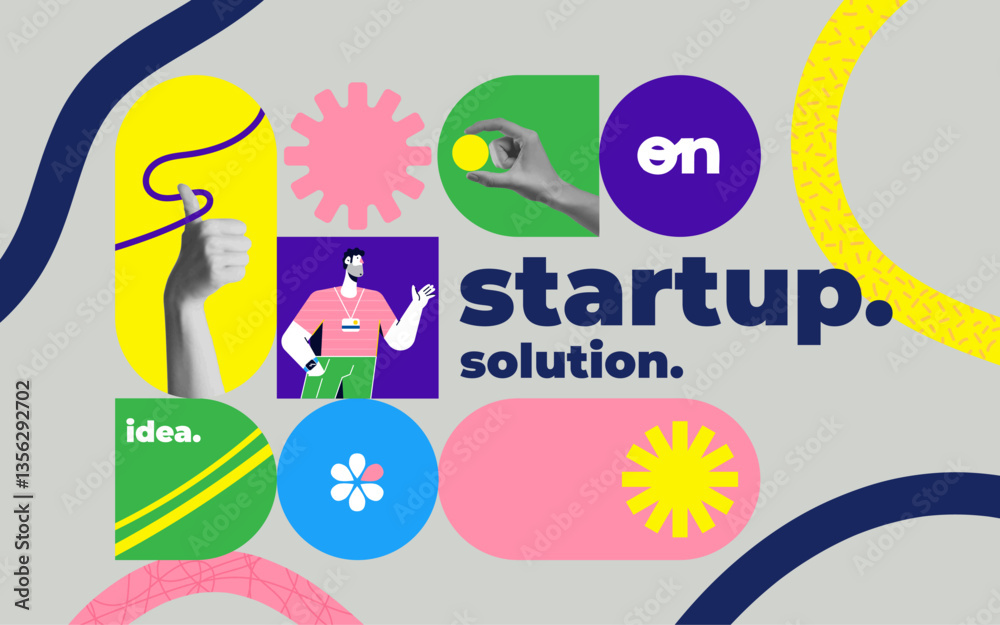 Fototapeta premium Fashionable halftones collage. Startup business concept, fast business startup, creative marketing and Innovation. Trendy modern retro illustration in bright trendy colors. Strategic planning. Vector