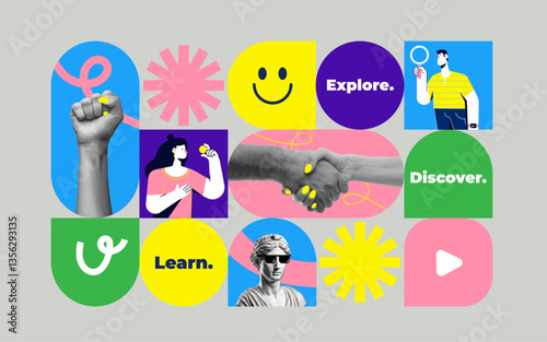 Contemporary art collage. Infographics design. Geometric collage illustration of bright shapes, spots, objects, line, hand, portrait, abstract, pattern, nature for poster, background, flyer, brochure 