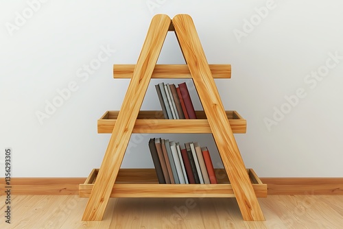 Wooden A-frame bookcase with books, indoor scene, home decor, displaying books