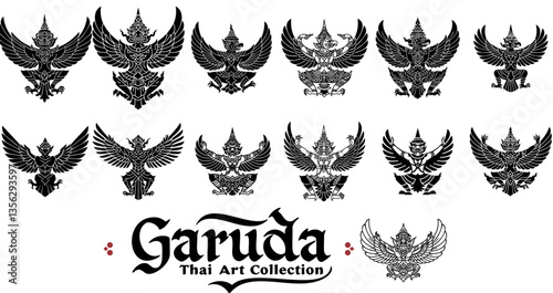 A set of fifteen stylized vector illustrations of Garuda, a mythical bird-like creature from Thai mythology, depicted in black silhouette against a white background. 