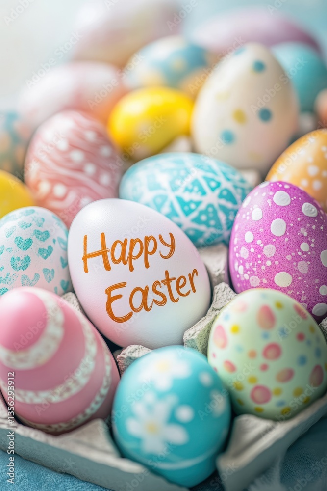 Naklejka premium Colorful decorated Easter eggs in a carton, vibrant pastel shades, festive springtime celebration, family traditions, Easter holiday, cheerful decor, seasonal festivities.