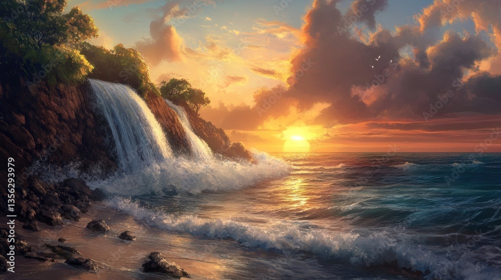 Obraz premium Coastal serenity, Waterfall cascading into ocean during a radiant sunset