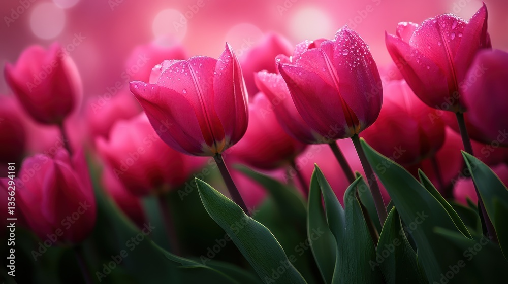 Fototapeta premium Pink tulips blooming in a vibrant garden, symbolizing spring, love, renewal, and beauty, perfect for Easter, Mothers Day, floral arrangements, and nature photography.