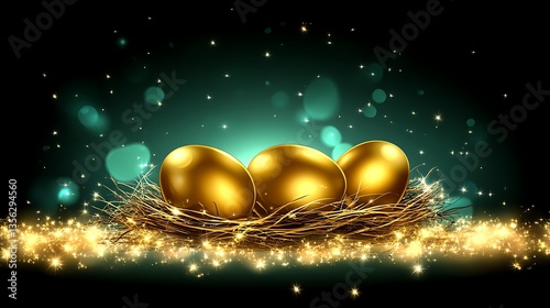 Three golden eggs in a nest with sparkles.