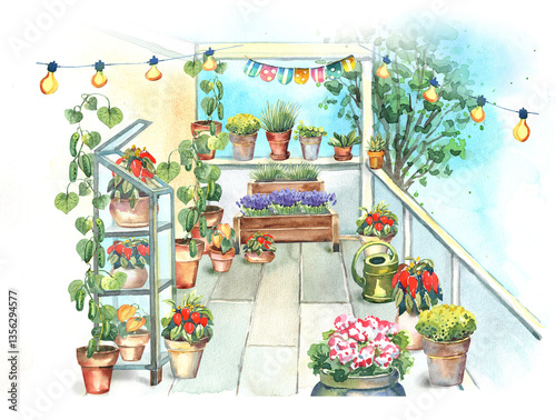 Glass greenhouse,wooden raised beds, stands for flowers and vegetables, berries. Vegetables garden on the balcony. Urban farm. Watercolor illustration clipart.