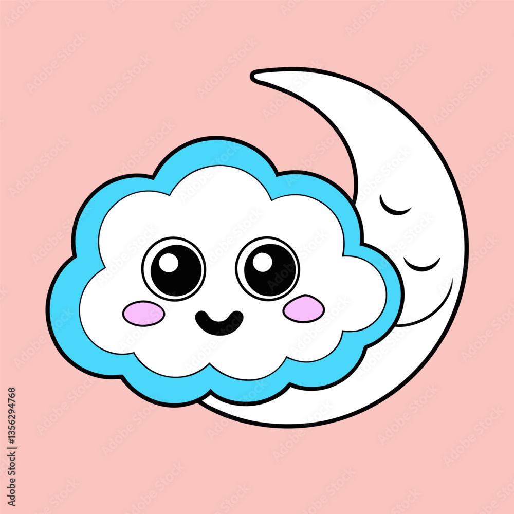 A cute pink cartoon cat face icon smiles happily in a cloud-filled sky A cute pink cartoon cat face icon smiles happily in a cloud-filled sky