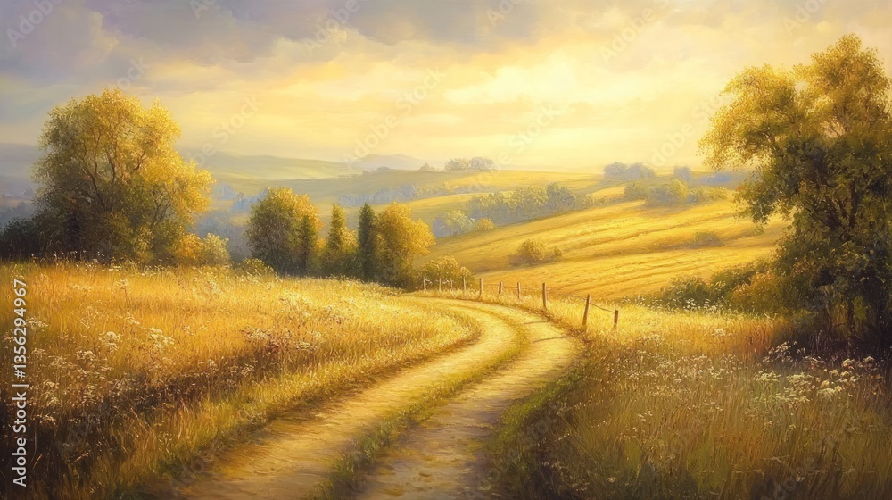 Obraz premium Golden path through sun-drenched fields, a pastoral landscape painting