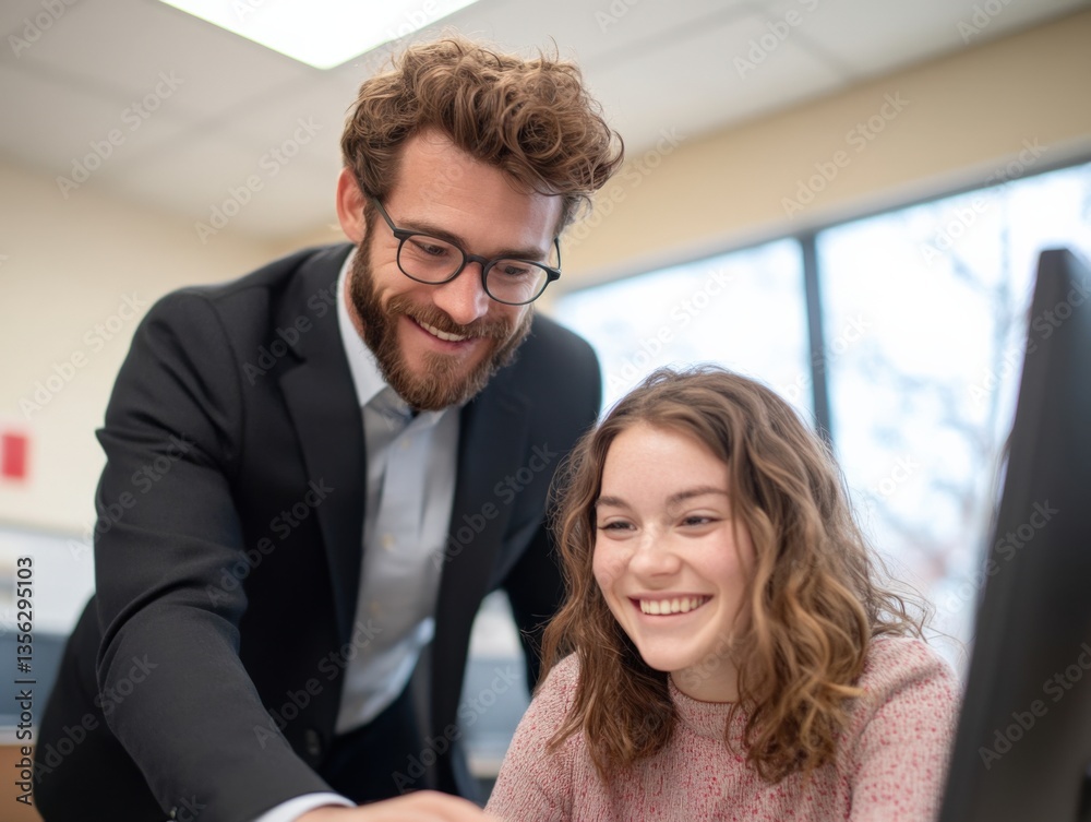 Man helps young woman with computer work Man helps young woman with computer work