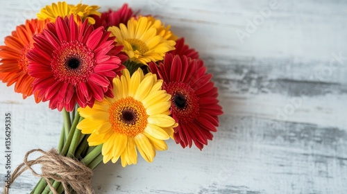 Colorful bouquet of gerbera daisies, bright red, yellow, and orange flowers, perfect for Mothers Day, gifting, spring decor, floral arrangements, celebrations.