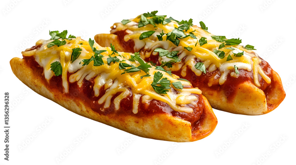 Two chili cheese hotdogs topped with parsley on a transparent background Two chili cheese hotdogs topped with parsley on a transparent background