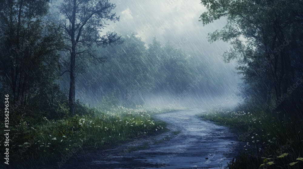 Rainy day path, A tranquil woodland scene during a downpour Rainy day path, A tranquil woodland scene during a downpour