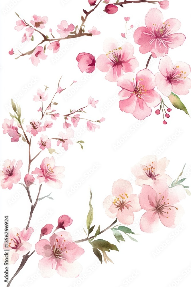 Fototapeta premium Beautiful watercolor illustration of delicate pink blossoming cherry branches