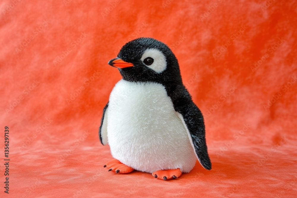 Naklejka premium A Plush Penguin Stuffed Animal Posing Against A Red Backdrop