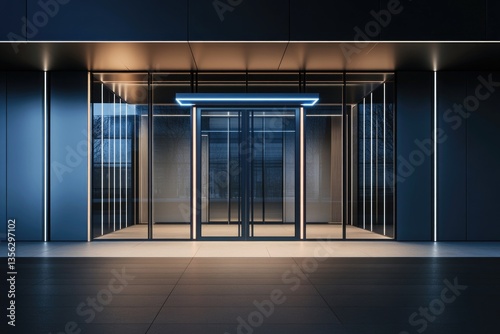 A minimalist interior space with clear glass doors and a single blue light source