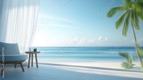 Tropical beach view from modern terrace with curtain and armchair. summer travel and relaxation