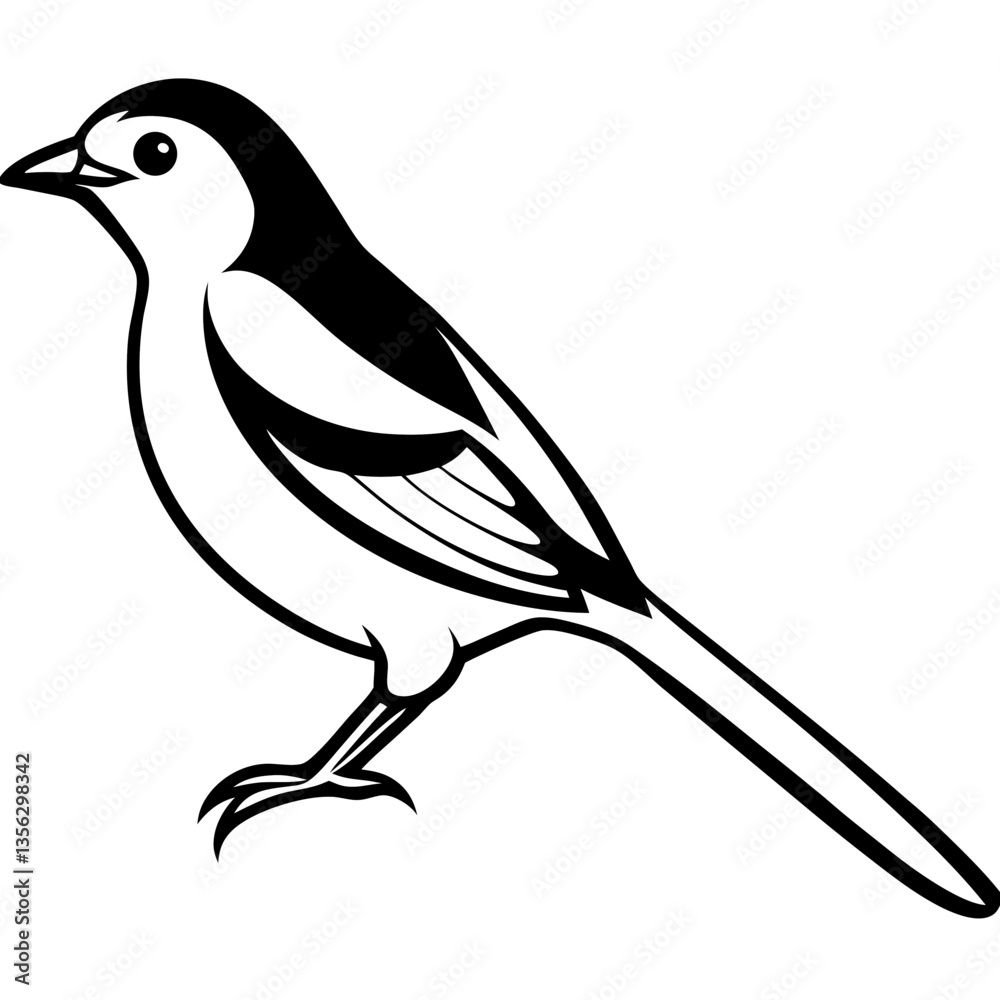 Obraz premium Southern Grey Shrike Bird silhouette vector black outline, white background 