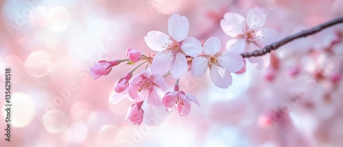 Cherry blossom branches in soft focus, vibrant spring colors, nature beauty, romantic scenery, Easter inspiration, floral background, tranquil atmosphere.