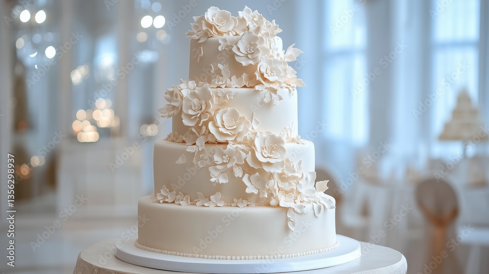 Fototapeta premium Three-tiered white wedding cake with floral decorations in elegant reception hall. Celebration dessert