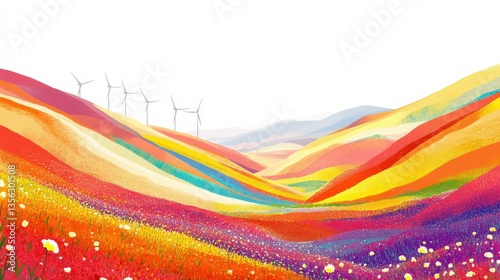 Vibrant Cotton Farms with Windmills in Distance