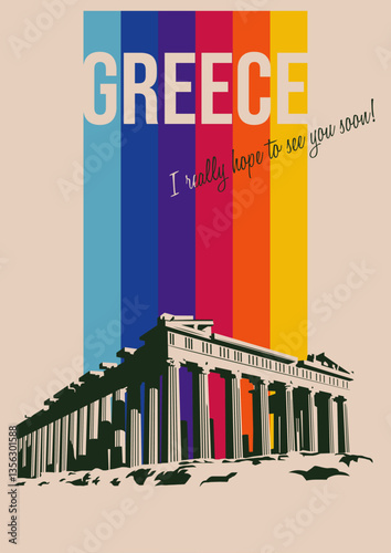 Greece Sight. Acropolis 1970s, 1980s Color Lines Postcard, Main Athens Landmark Poster