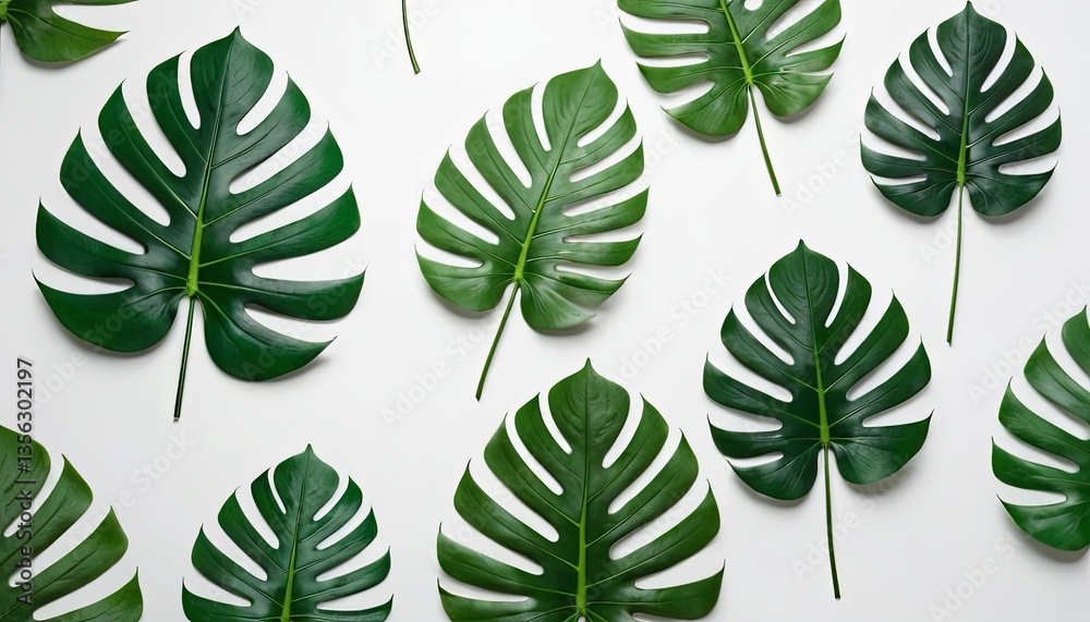 Fototapeta premium Tropical Elegance: An array of lush, vibrant Monstera leaves is arranged. Emphasizing the natural beauty of this iconic plant and the freshness of nature.