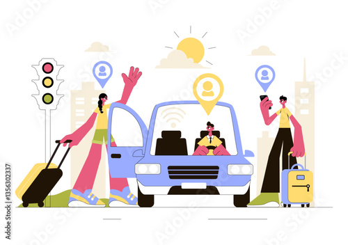 Ride Sharing Vector Illustration Featuring Shared Transportation Services Using Vehicles to Transport Passengers from One Place to Another