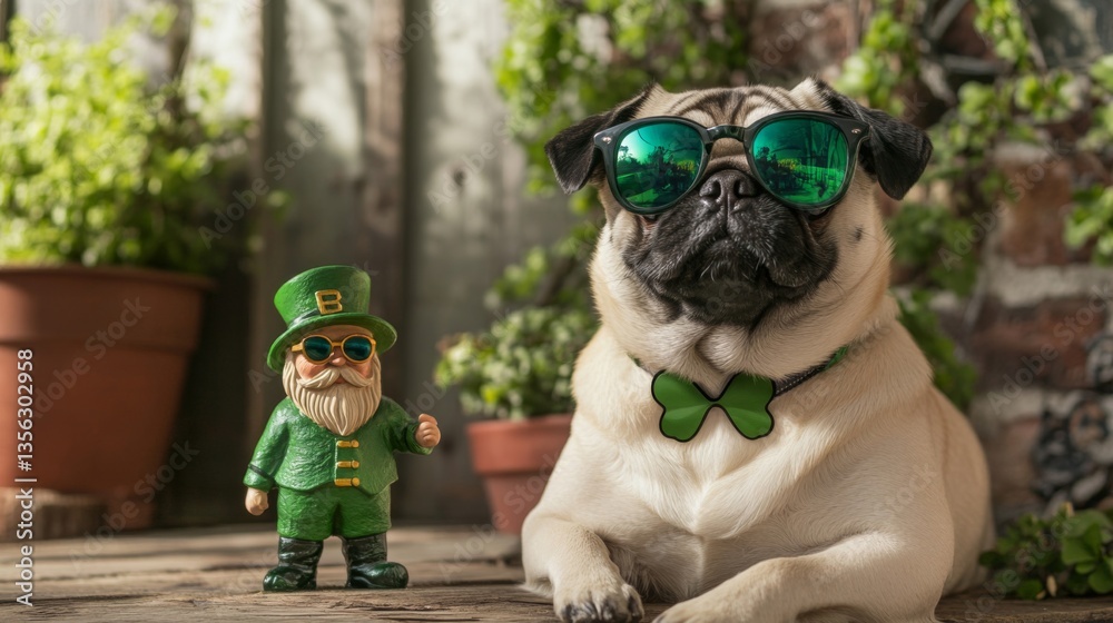 Fototapeta premium Pug dog wearing sunglasses with leprechaun figurine