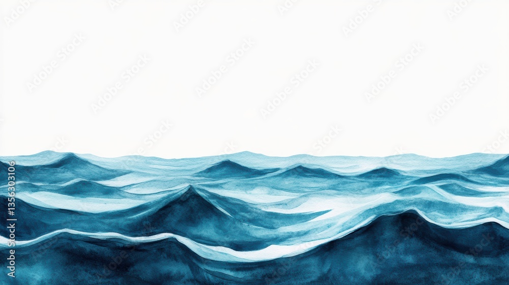 A serene watercolor depiction of rolling ocean waves, showcasing various shades of blue against a simple white background. A serene watercolor depiction of rolling ocean waves, showcasing various shades of blue against a simple white background.