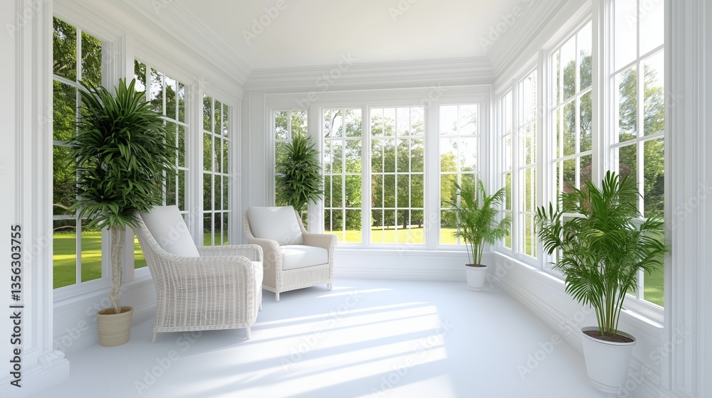 Fototapeta premium Bright sunroom with wicker chairs and green plants. relaxing garden retreat